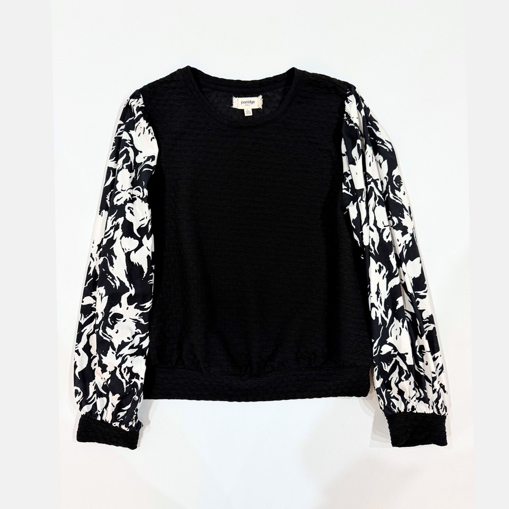 Anthropologie Porridge Textured Sweatshirt Black Floral Balloon Sleeves L